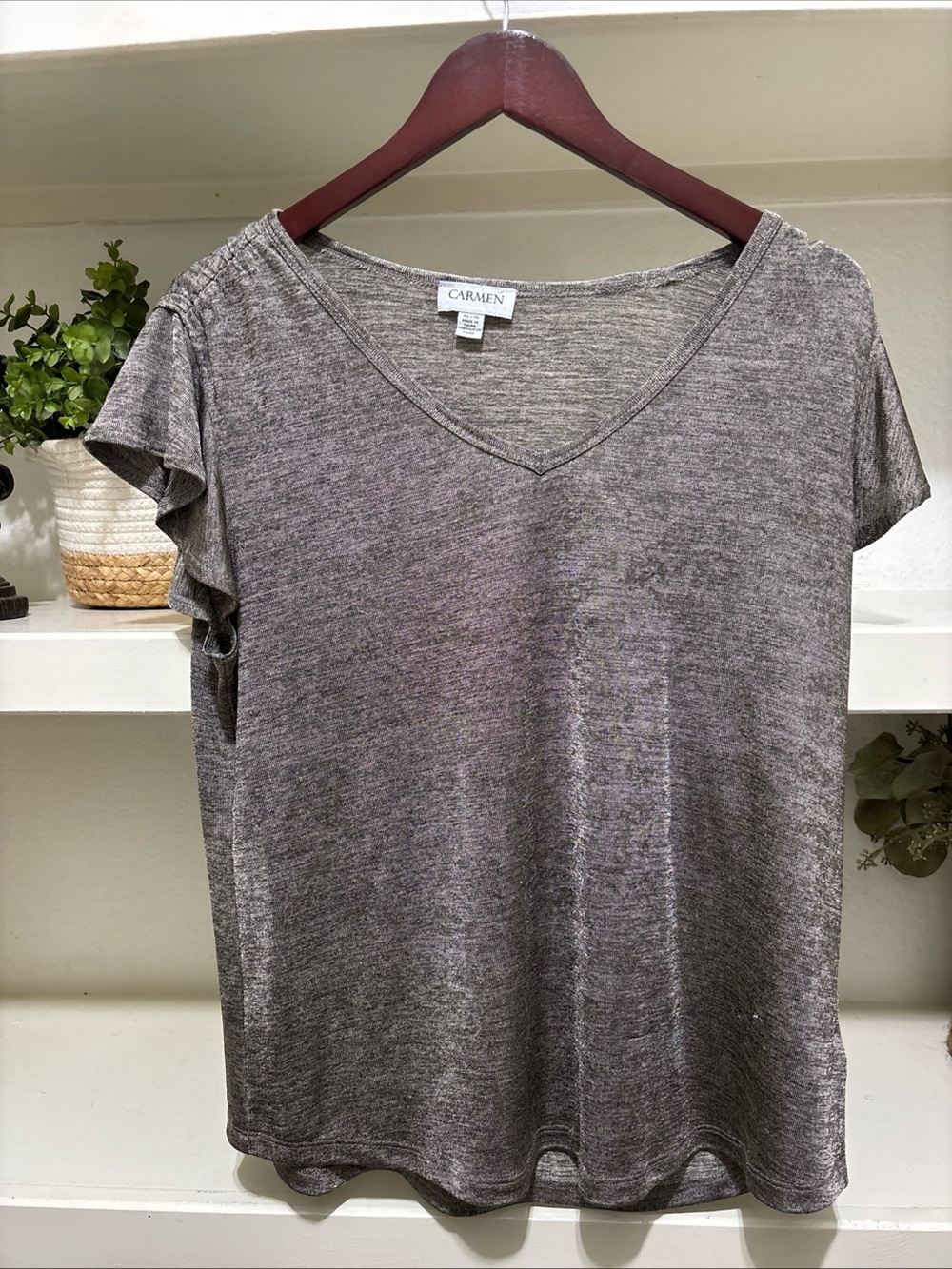 Carmen Women’s Metallic Gray  Blouse With Ruffle Short Sleeve Size XL